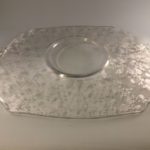 Cambridge Rose Point cake plate bottom view