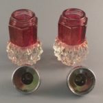 Indiana Diamond Point ruby flashed glass shakers with lids off side view